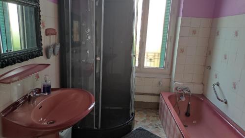La salle de bains est pourvue d'un lavabo, d'une douche et d'une baignoire. dans l'établissement Chambres HABILIS, à Paray-Vieille-Poste