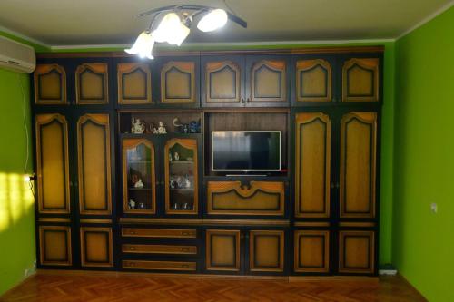 a entertainment center with a television in a green room at IDILA in Kladušnica