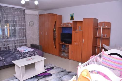 a living room with a bed and a couch and a tv at IDILA in Kladušnica