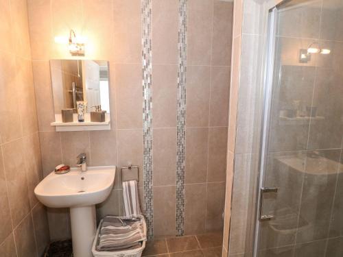 a bathroom with a sink and a shower at Ty Bach, 1 bedroom home with hot tub and views in Bettws-yn-Rhôs
