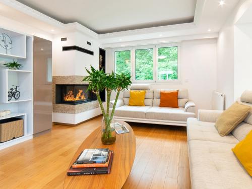 a living room with a couch and a fireplace at VILLA AVEC PISCINE PRIVEE in Auberville