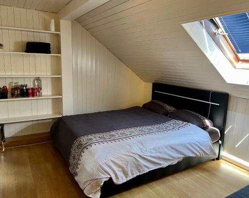a bedroom with a large bed in a attic at Pension des Draizes in Neuchâtel