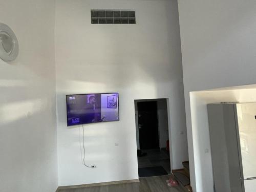 una TV a schermo piatto a parete in camera di Apartament STEFI a Sighişoara