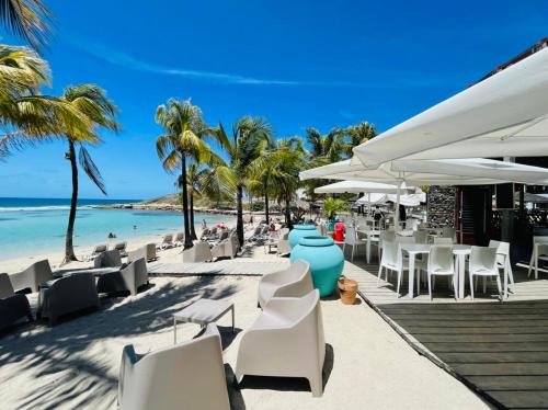 uma praia com cadeiras brancas e palmeiras e o oceano em Villa Nomilou Beach avec Accès direct Plage em Saint-François
