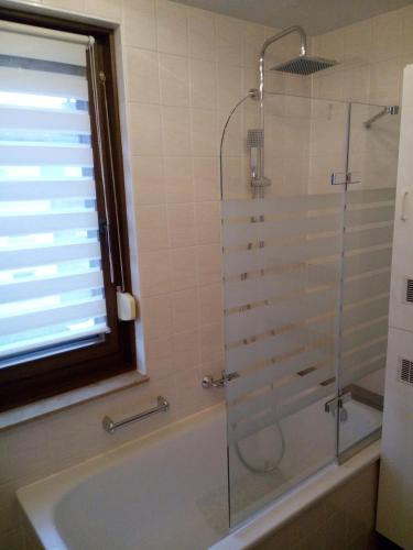 een badkamer met een douche en een bad met een raam bij Ferienwohnung Liselotte in Brotterode
