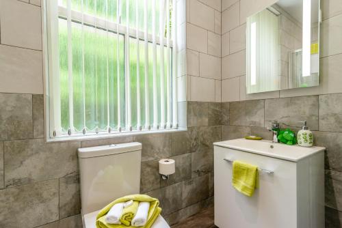 a bathroom with a toilet and a sink and a window at Shuttle Apartment in Northallerton