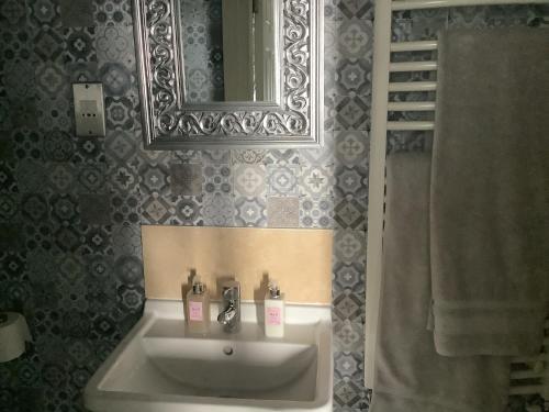 a bathroom with a sink and a mirror at A Room in the City - West in Edinburgh