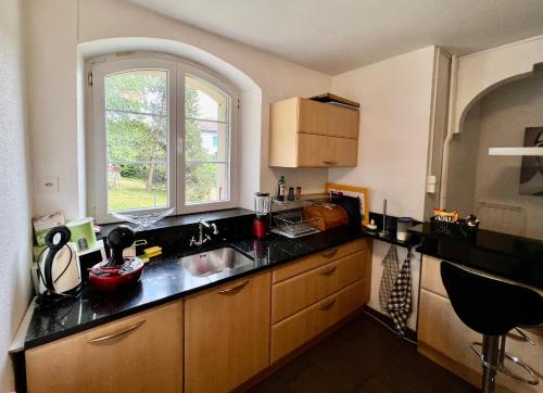 a kitchen with a sink and a window at Pension des Draizes in Neuchâtel