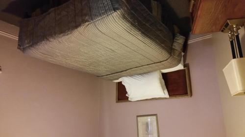 a bed hanging from the ceiling of a room at A Voyageur's Guest House in Ottawa