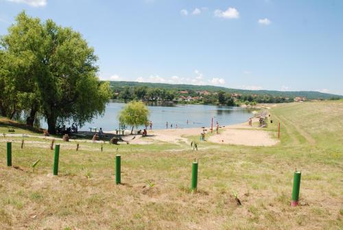 un gruppo di persone su una spiaggia vicino a un lago di Castello a Zatonje