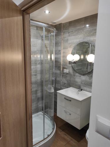 a bathroom with a shower and a toilet and a sink at Stadnina koni Tarka in Zwierzyniec