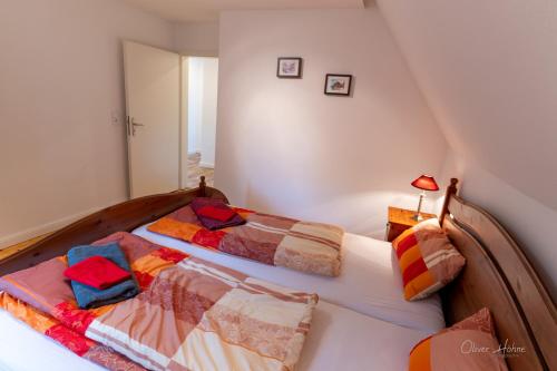 バート・ラースフェにあるFerienwohnung am Waldrandのカラフルな枕付きのベッド2台が備わる客室です。
