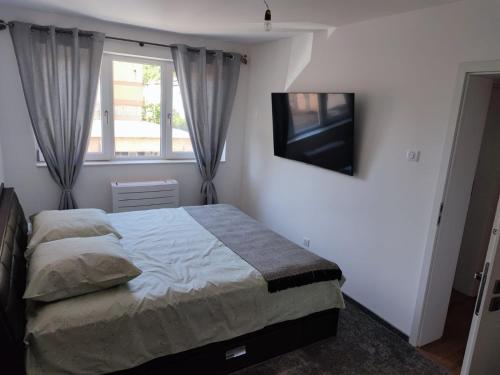 um quarto com uma cama e uma televisão na parede em Luca apartament 3 camere em Băile Herculane