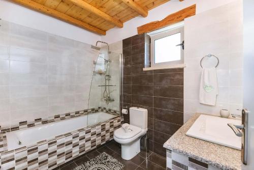 a bathroom with a toilet and a tub and a sink at Aristea Villa by PaxosRetreats in Gaios