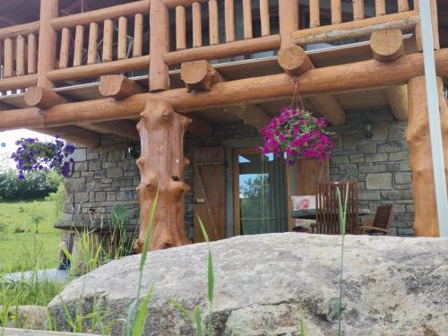 a wooden deck on a house with a flower pot at Cabana Casa de Piatra, de la Mara in Deseşti