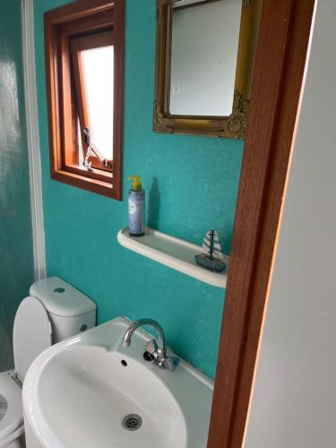 bagno con lavandino, servizi igienici e specchio di Chalet Meerblick Wattenmeer a Westerland