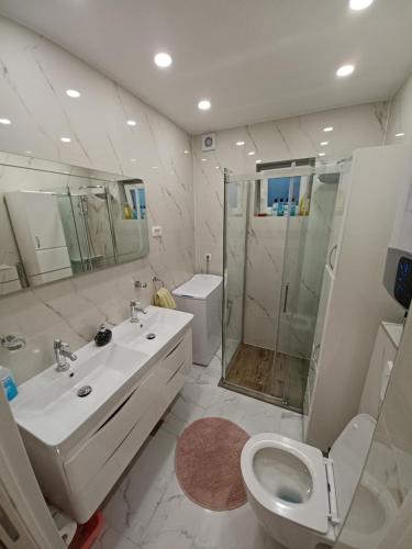 a bathroom with a toilet and a sink and a shower at Apartment Sandra in Dubrovnik