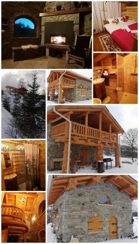 a collage of pictures of a log cabin at Cabana Casa de Piatra, de la Mara in Deseşti