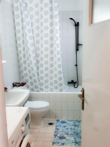 a bathroom with a toilet and a shower curtain at Downtown Apartment Karystos in Karistos
