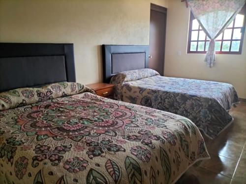 Cette chambre comprend 2 lits et une fenêtre. dans l'établissement VILLAZOL CABAÑAS, à Zacatlán