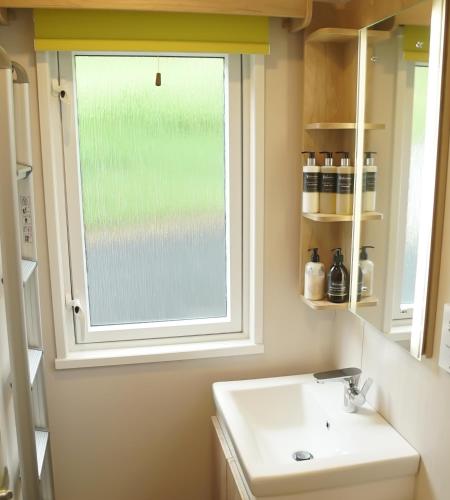 a bathroom with a sink and a window at Benvoulin Bothy - luxury pod with stunning views in Oban