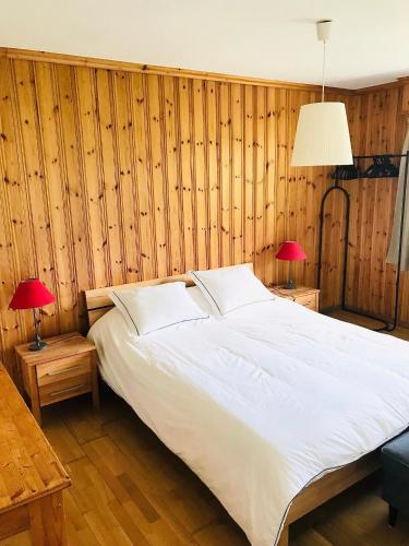 a bedroom with a large white bed with wooden walls at Chalet la Tulipe, mountain view, Terrace, BBQ in Nendaz