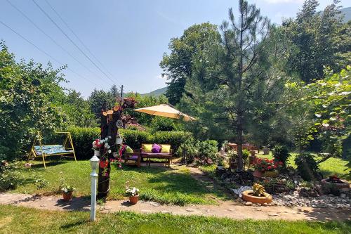 a garden with a bench and an umbrella at Villa Ramonda in Dolna Matka