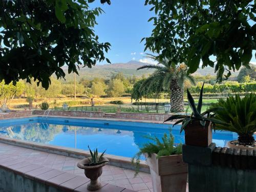 a swimming pool with trees and mountains in the background at Villa VEDA in Randazzo
