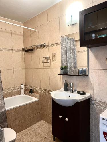 a bathroom with a sink and a bath tub at Villa Kastro Elassona in Elassona