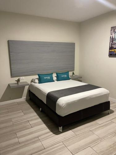 1 dormitorio con 1 cama grande con almohadas azules en Constanza Loft en Guadalajara