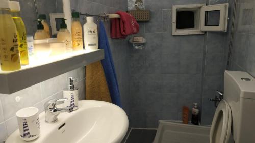 a bathroom with a sink and a toilet at Villa Kotetsi - Rooms To Let - Volissos - Chios in Volissos