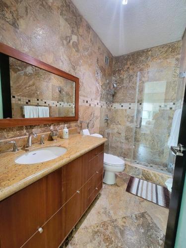 a bathroom with a sink and a toilet and a shower at Beachfront 5th floor at Pelican Reef in Rincon
