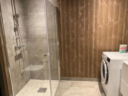 a shower with a glass door in a bathroom at New apartment, Gausta in Rjukan. Ski in/ ski out in Rjukan