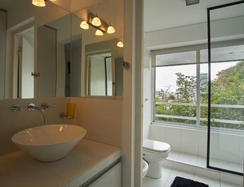 een badkamer met een wastafel, een toilet en een raam bij Barrancas de Nieva B02 in San Salvador de Jujuy