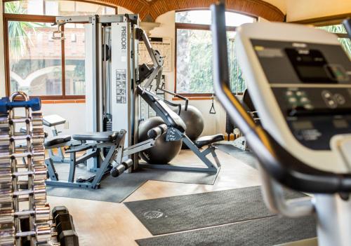 a gym with two weights and a treadmill at La Buena Vibra Retreat and Spa Hotel in Tepoztlán