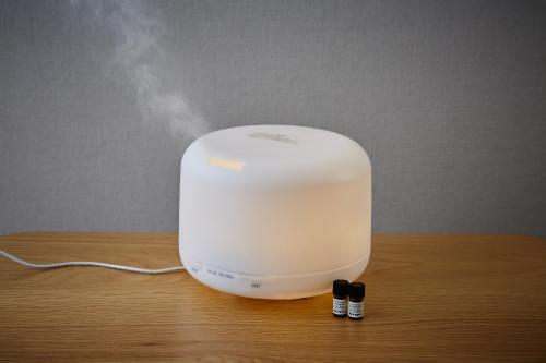 a white object sitting on a table with two batteries at MUJI HOTEL GINZA in Tokyo