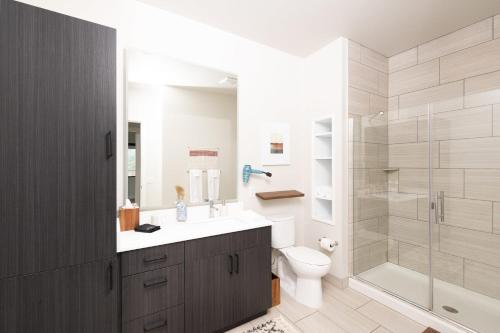La salle de bains est pourvue d'un lavabo, de toilettes et d'une douche. dans l'établissement Flexhome Brady District 1BR Apt E3 - READ INFO, à Milwaukee