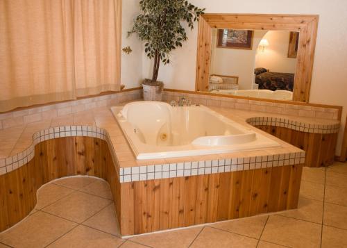 a bath tub in a bathroom with a large mirror at North Country Inn & Suites in Mandan
