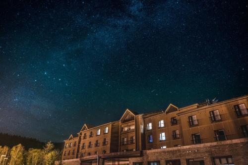 a building under a starry sky at night at Higashikawa Asahidake Onsen Hotel Bear Monte in Higashikawa