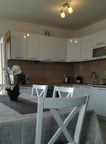 a kitchen with white cabinets and a table and chairs at Apartment Villa Bijele Stijene in Karlobag