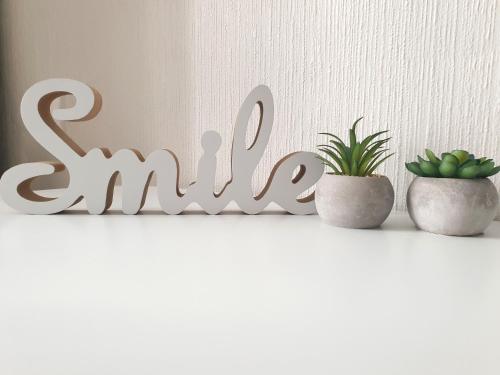 a shelf with a sign that says smile next to two plants at Mazeikiai Apartment in Mažeikiai
