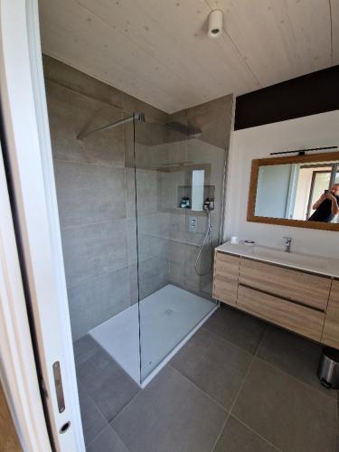une salle de bain avec douche et lavabo dans l'établissement Villa Laba, à Yvoire