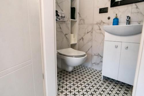 a bathroom with a toilet and a sink at Komfortowy apartament ścisłe centrum Radom in Radom