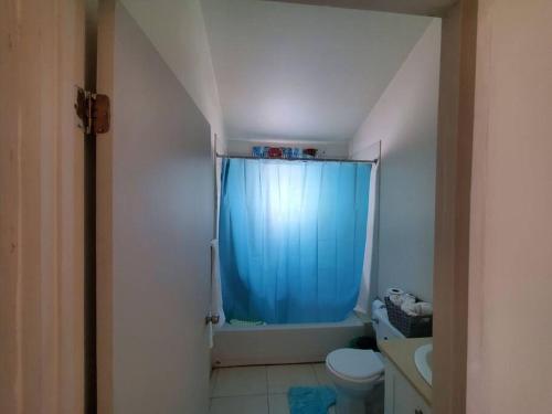 a bathroom with a blue shower curtain and a toilet at Home Suite Home In New Harbour Village III. in Old Harbour