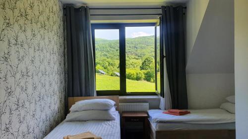 a room with two beds and a window with a view at ŁOMIANKOWA DOLINA Wetlina 112 in Wetlina
