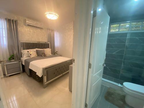 a bedroom with a bed and a shower and a bathroom at 7 Santiago Minumental Area Lovely Specially 4 You - Cozy 3 bedrooms WIFI- Caribe tours - Colinas Mall and transportation 24 hours Apartment for 7 peoples in Marilópez