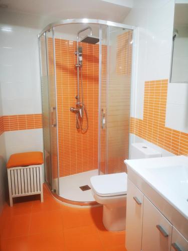 an orange bathroom with a shower and a toilet at ORTEGA SUITE, dúplex en el centro de Luanco in Luanco