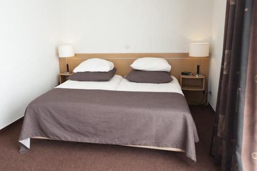 two beds in a room with two pillows on them at Hotel Ameland in Nes