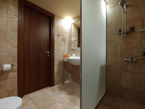 a bathroom with a shower and a toilet and a sink at Simosmare Resort in Elafonisos