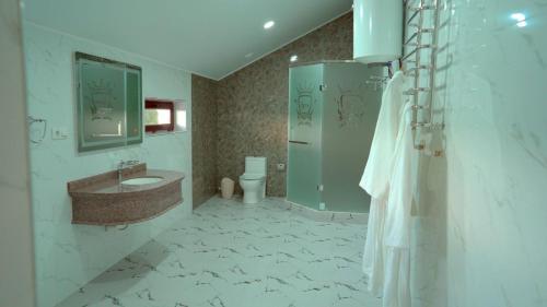 een badkamer met een wastafel, een douche en een toilet bij Эдем in Simkent